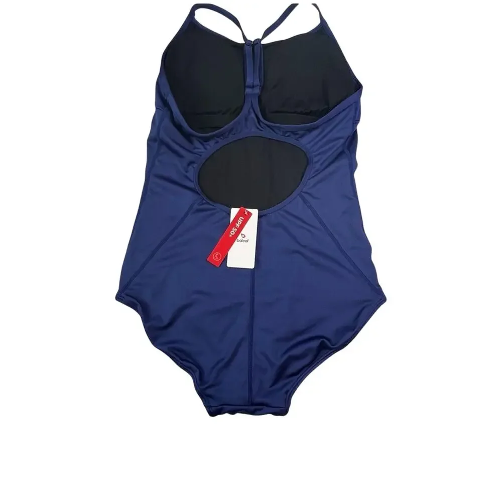 Baleaf One-Piece Swimsuit Navy Blue Size 36 Medium UPF 50+ Semi-Open V-Back NEW